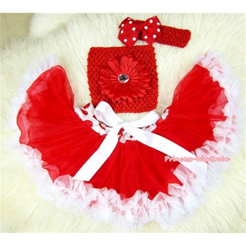 Red White Mixed Baby Pettiskirt, Red Flower Red Crochet Tube Top,Red Headband Minnie Dots Bow 3PC Set CT414 