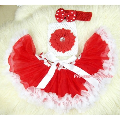 Red White Mixed Baby Pettiskirt, Red Flower White Crochet Tube Top,Red Headband Minnie Dots Bow 3PC Set CT415 