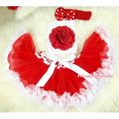 Red White Mixed Baby Pettiskirt, Red Peony White Crochet Tube Top,Red Headband Minnie Dots Bow 3PC Set CT416 