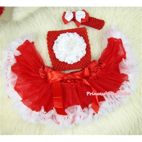 Red White Mixed Baby Pettiskirt, White Peony Red Crochet Tube Top,Red Headband Red White Bow 3PC Set CT417 