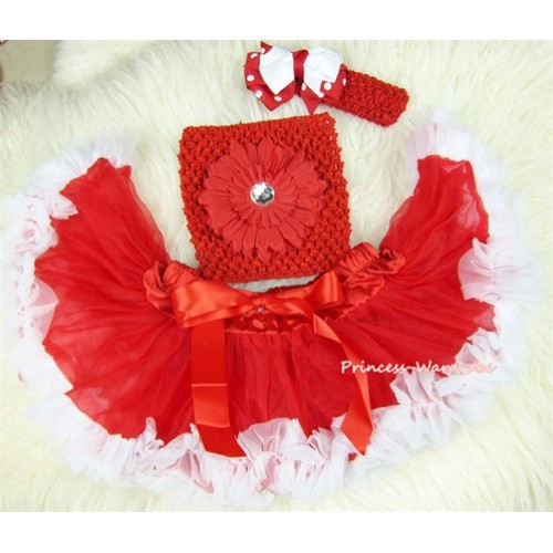 Red White Mixed Baby Pettiskirt, Red Flower Red Crochet Tube Top,Red Headband Minnie Dots White Bow 3PC Set CT418 