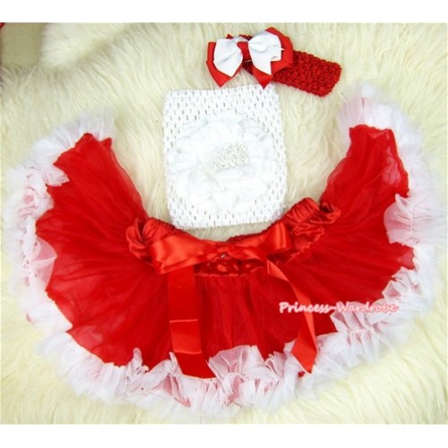 Red White Mixed Baby Pettiskirt, White Peony White Crochet Tube Top,Red Headband Red White Bow 3PC Set CT420 