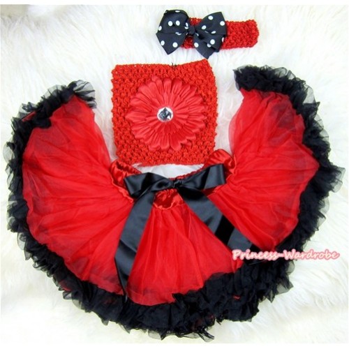 Red Black Mixed Baby Pettiskirt,Red Flower Red Crochet Tube Top, Red Headband Black White Polka Dots Bow 3PC Set CT425 