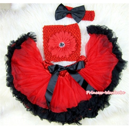 Red Black Mixed Baby Pettiskirt,Red Flower Red Crochet Tube Top, Red Headband Black Bow 3PC Set CT426 