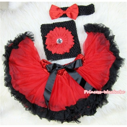 Red Black Mixed Baby Pettiskirt,Red Flower Black Crochet Tube Top,Black Headband Red Bow 3PC Set CT427 