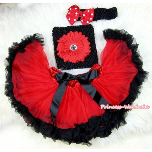 Red Black Mixed Baby Pettiskirt,Red Flower Black Crochet Tube Top,Black Headband Minnie Dots Bow 3PC Set CT428 