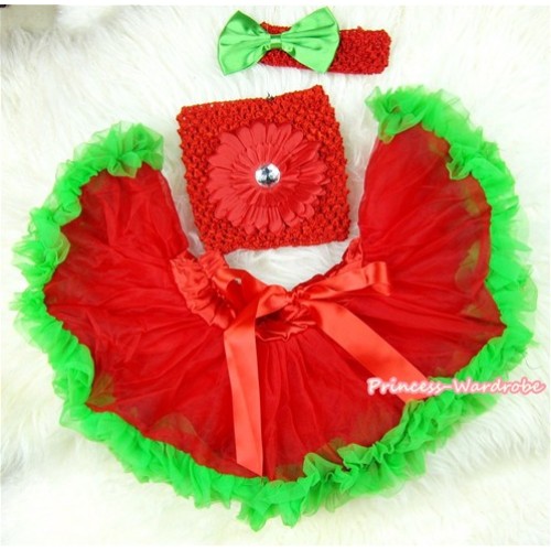 Red Green Mixed Baby Pettiskirt,Red Flower Red Crochet Tube Top,Red Headband Green Bow 3PC Set CT430 
