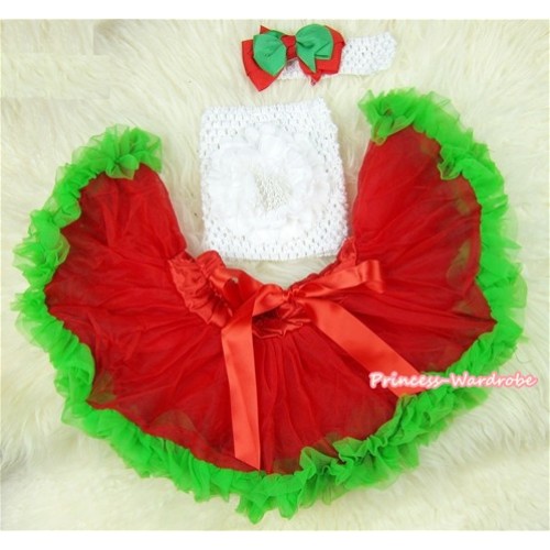 Red Green Mixed Baby Pettiskirt,White Peony White Crochet Tube Top,White Headband Red Green Bow 3PC Set CT431 