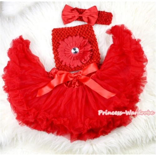 Red Baby Pettiskirt,Red Flower Red Crochet Tube Top,Red Headband Red Bow 3PC Set CT433 