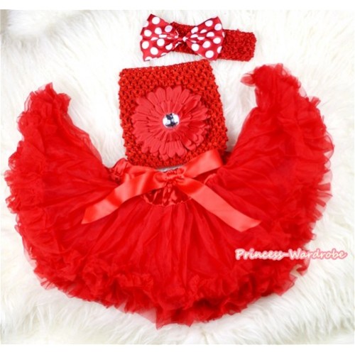 Red Baby Pettiskirt,Red Flower Red Crochet Tube Top,Red Headband Minnie Dots Bow 3PC Set CT434 