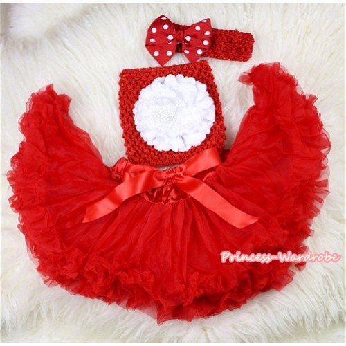 Red Baby Pettiskirt,White Peony Red Crochet Tube Top,Red Headband Minnie Dots Bow 3PC Set CT436 