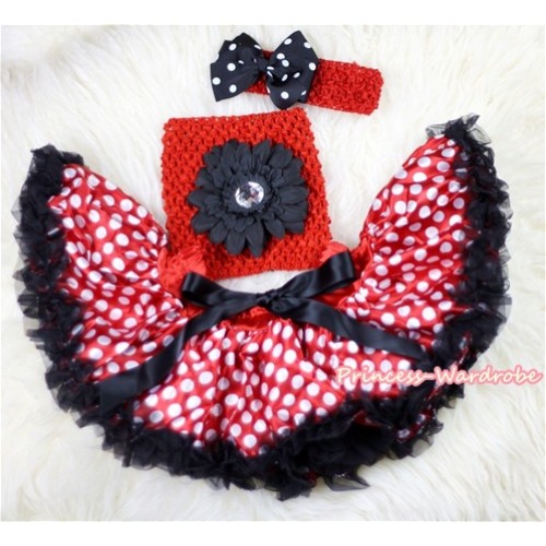 Minnie Polka Dots Baby Pettiskirt,Black Flower Red Crochet Tube Top,Red Headband Black White Polka Dots Bow 3PC Set CT437 