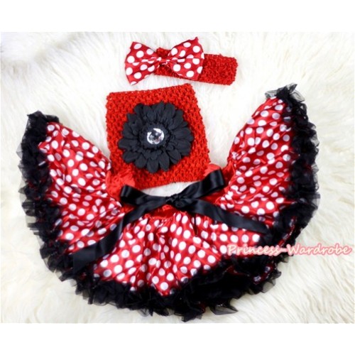 Minnie Polka Dots Baby Pettiskirt,Black Flower Red Crochet Tube Top,Red Headband Minnie Dots Bow 3PC Set CT438 