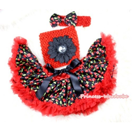 Hot Red Black Cherry Baby Pettiskirt,Black Flower Red Crochet Tube Top, Red Headband Black Cherry Bow 3PC Set CT445 