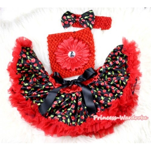 Hot Red Black Cherry Baby Pettiskirt,Red Flower Red Crochet Tube Top, Red Headband Black Cherry Bow 3PC Set CT446 