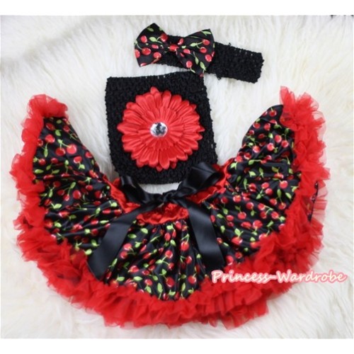 Hot Red Black Cherry Baby Pettiskirt,Red Flower Black Crochet Tube Top, Red Headband Black Cherry Bow 3PC Set CT447 