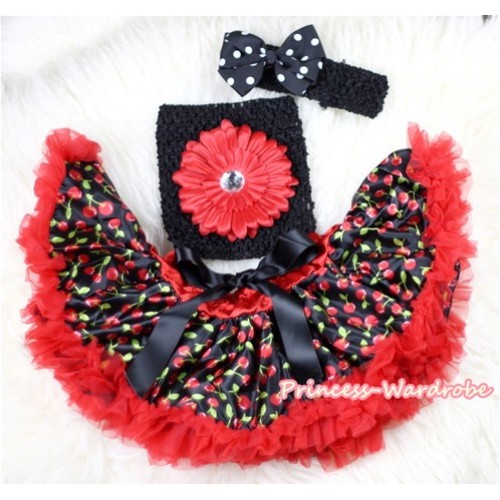 Hot Red Black Cherry Baby Pettiskirt,Red Flower Black Crochet Tube Top,Black Headband Black White Polka Dots Bow 3PC Set CT448 