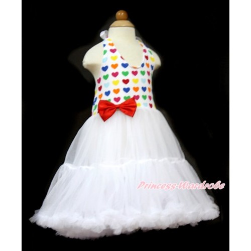 White Rainbow Heart ONE-PIECE Petti Dress with Red Satin Bow LP31 