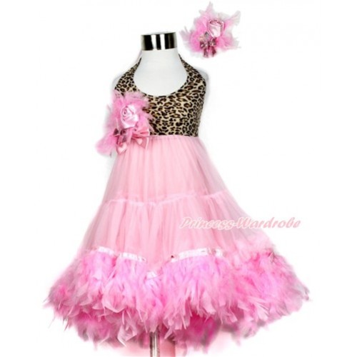 Light Pink Leopard ONE-PIECE Petti Dress with Light Pink Posh Feather & Light Pink Feather Crystal Rose Bow With Accessory 2PC Set LP32 