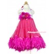 Hot Pink White Rainbow Polka Dots ONE-PIECE Petti Dress with Hot Pink Posh Feather & Hot Pink Feather Crystal Rose Bow With Accessory 2PC Set LP33 