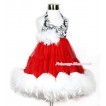 Xmas Hot Red Damask ONE-PIECE Petti Dress with White Posh Feather & White Feather Crystal Rose Bow With Accessory 2PC Set LP34 