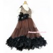 Brown Leopard ONE-PIECE Petti Dress with Black Posh Feather & Black Feather Crystal Rose Bow With Accessory 2PC Set LP35 