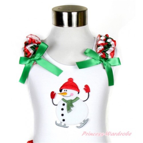 Xmas White Tank Top With Ice-Skating Snowman Print With Red White Green Wave Ruffles & Kelly Green Bow TB523 