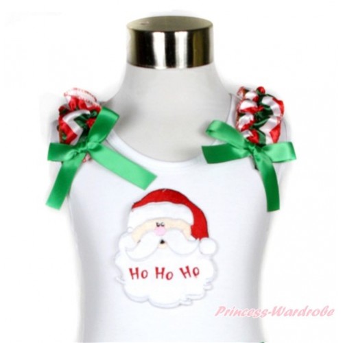 Xmas White Tank Top With Santa Claus Print With Red White Green Wave Ruffles & Kelly Green Bow TB526 