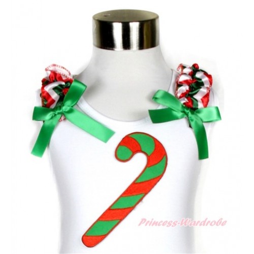 Xmas White Tank Top With Christmas Stick Print With Red White Green Wave Ruffles & Kelly Green Bow TB527 