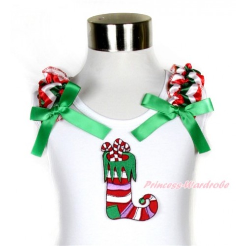 Xmas White Tank Top With Christmas Stocking Print With Red White Green Wave Ruffles & Kelly Green Bow TB528 