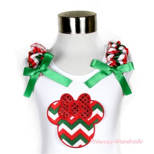Xmas White Tank Top With Red White Green Wave Minnie Print With Red White Green Wave Ruffles & Kelly Green Bow TB529 