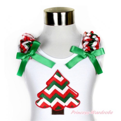 Xmas White Tank Top With Red White Green Wave Christmas Tree Print With Red White Green Wave Ruffles & Kelly Green Bow TB530 