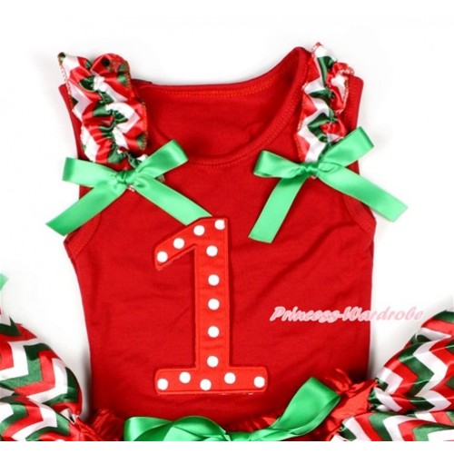 Xmas Red Tank Top With 1st Red White Dots Birthday Age Print with Red White Green Wave Ruffles & Kelly Green Bow T535 
