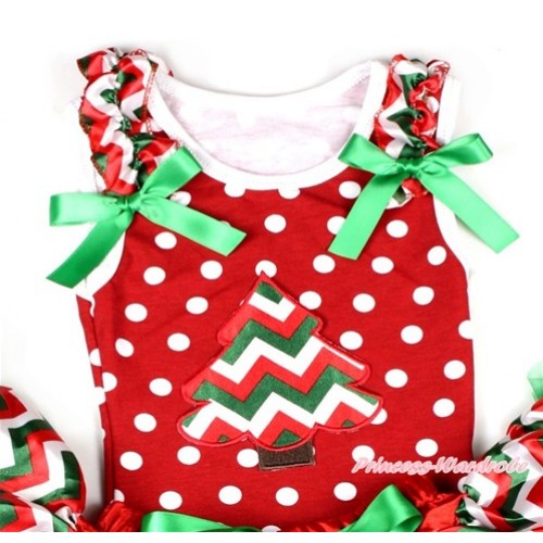 Xmas Minnie Dots Tank Top With Red White Green Wave Christmas Tree Print with Red White Green Wave Ruffles & Kelly Green Bow TP175 