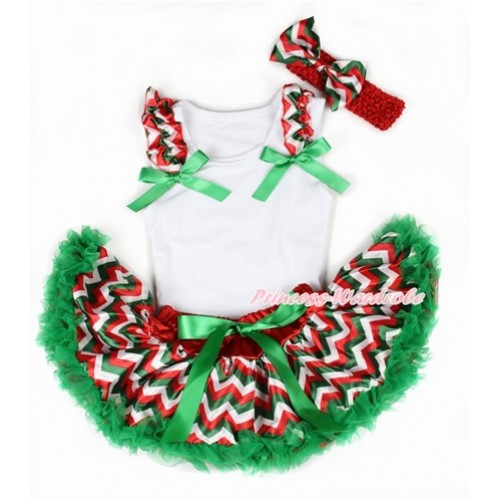 Xmas White Baby Pettitop With Red White Green Wave Ruffles & Kelly Green Bows with Red White Green Wave Newborn Pettiskirt NG1253 