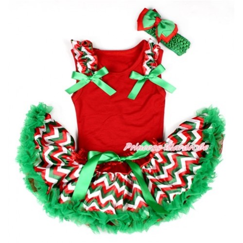 Xmas Red Baby Pettitop With Red White Green Wave Ruffles & Kelly Green Bows with Red White Green Wave Newborn Pettiskirt NG1260 