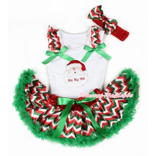 Xmas White Baby Pettitop with Santa Claus Print with Red White Green Wave Ruffles & Kelly Green Bow with Red White Green Wave Newborn Pettiskirt NN66 