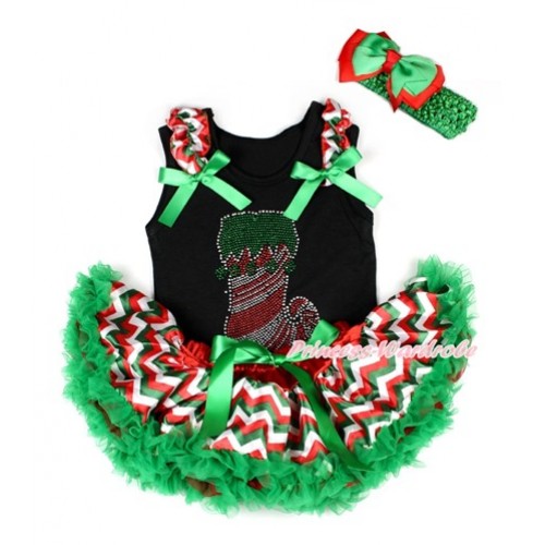 Xmas Black Baby Pettitop with Sparkle Crystal Bling Christmas Stocking Print with Red White Green Wave Ruffles & Kelly Green Bow with Red White Green Wave Newborn Pettiskirt NG1254 