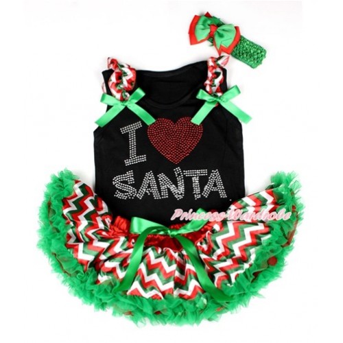 Xmas Black Baby Pettitop with Sparkle Crystal Bling I Love Santa Print with Red White Green Wave Ruffles & Kelly Green Bow with Red White Green Wave Newborn Pettiskirt NG1255 