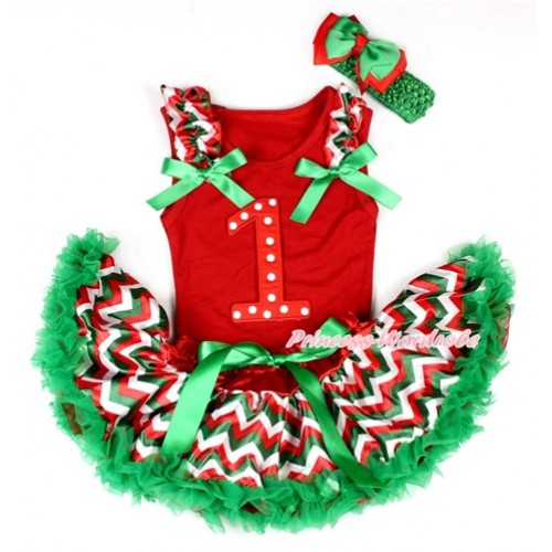 Xmas Red Baby Pettitop with 1st Red White Dots Birthday Number Print with Red White Green Wave Ruffles & Kelly Green Bow with Red White Green Wave Newborn Pettiskirt NG1256 