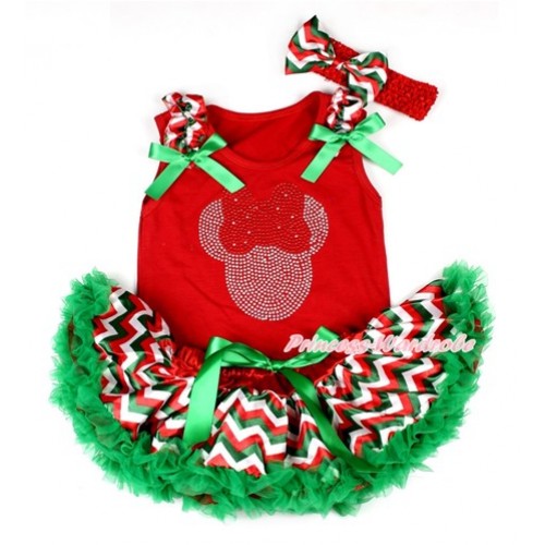 Xmas Red Baby Pettitop with Sparkle Crystal Bling Red Minnie Print with Red White Green Wave Ruffles & Kelly Green Bow with Red White Green Wave Newborn Pettiskirt NG1261 
