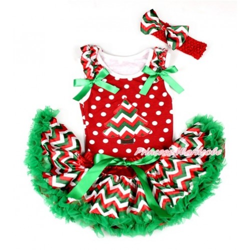 Xmas Minnie Dots Baby Pettitop with Red White Green Wave Christmas Tree Print with Red White Green Wave Ruffles & Kelly Green Bow with Red White Green Wave Newborn Pettiskirt BG083 