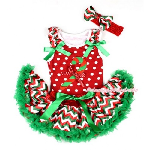 Xmas Minnie Dots Baby Pettitop with Christmas Stick Print & Minnie Dots Bow with Red White Green Wave Ruffles & Kelly Green Bow with Red White Green Wave Newborn Pettiskirt BG084 