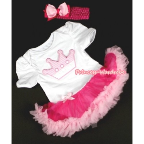 White Baby Jumpsuit Hot Light Pink Pettiskirt With Crown Print With Hot Pink Headband Light Hot Pink Ribbon Bow JS055 