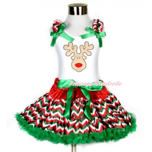 Xmas White Tank Top with Christmas Reindeer Print with Red White Green Wave Ruffles & Kelly Green Bow & Red White Green Wave Pettiskirt MG795 