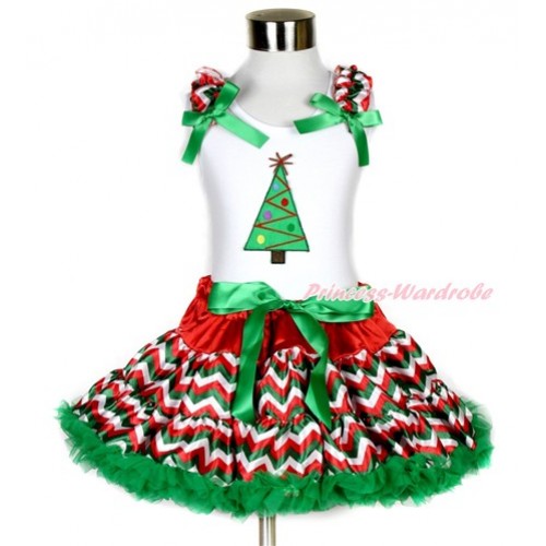 Xmas White Tank Top with Christmas Tree Print with Red White Green Wave Ruffles & Kelly Green Bow & Red White Green Wave Pettiskirt MG797 