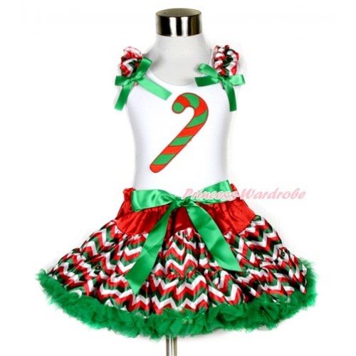 Xmas White Tank Top with Christmas Stick Print with Red White Green Wave Ruffles & Kelly Green Bow & Red White Green Wave Pettiskirt MG800 