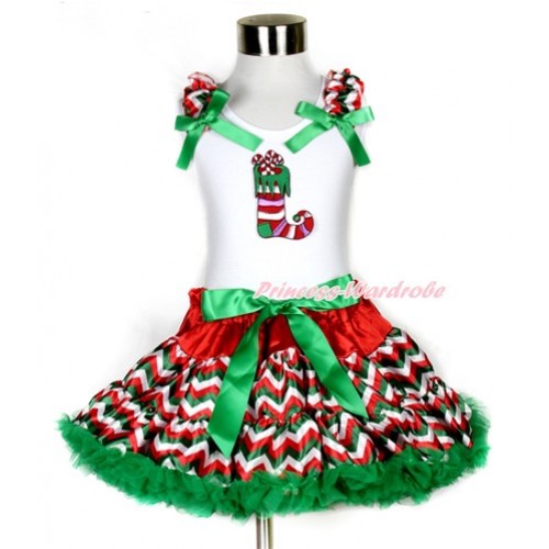 Xmas White Tank Top with Christmas Stocking Print with Red White Green Wave Ruffles & Kelly Green Bow & Red White Green Wave Pettiskirt MG801 