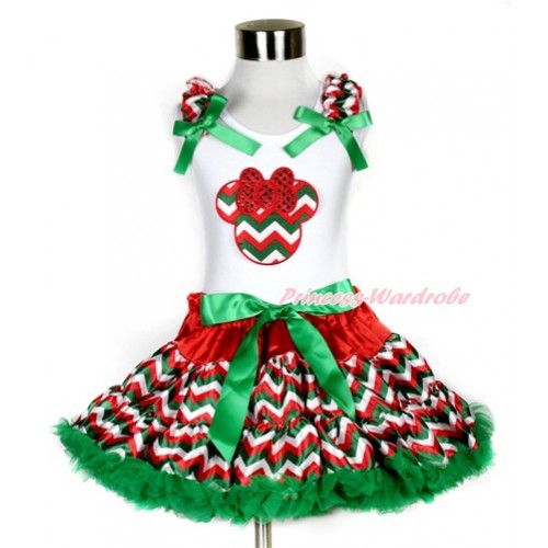 Xmas White Tank Top with Red White Green Wave Minnie Print with Red White Green Wave Ruffles & Kelly Green Bow & Red White Green Wave Pettiskirt MG802 