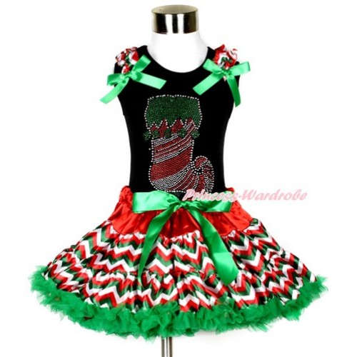 Xmas Black Tank Top with Sparkle Crystal Bling Christmas Stocking Print with Red White Green Wave Ruffles & Kelly Green Bow & Red White Green Wave Pettiskirt MG804 